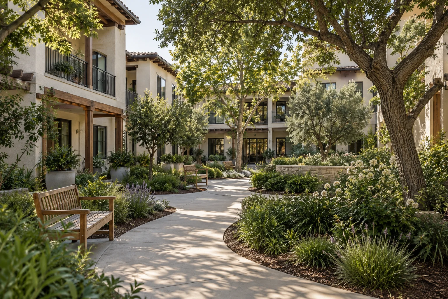 Illustrative senior living residence framed by a landscaped courtyard