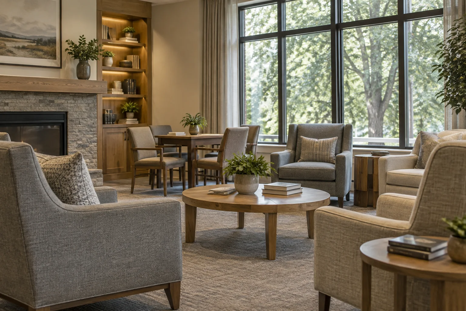 Illustrative welcoming shared lounge in a senior living community